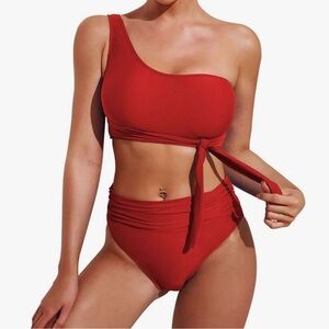Unk One-Shoulder Red Bikini